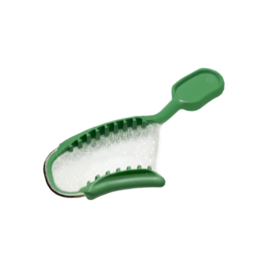 The Harmony Posterior Dual Arch Tray, with its wide handle, occlusal mesh and rigid steel distal bar.