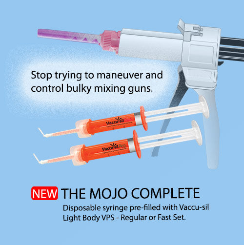 Size comparison between bulky mixing guns and The Mojo Complete Pre-Filled Syringe. The Mojo Syringe is smaller, more ergonomic and uses impression material more efficiently than bulky mixing guns.